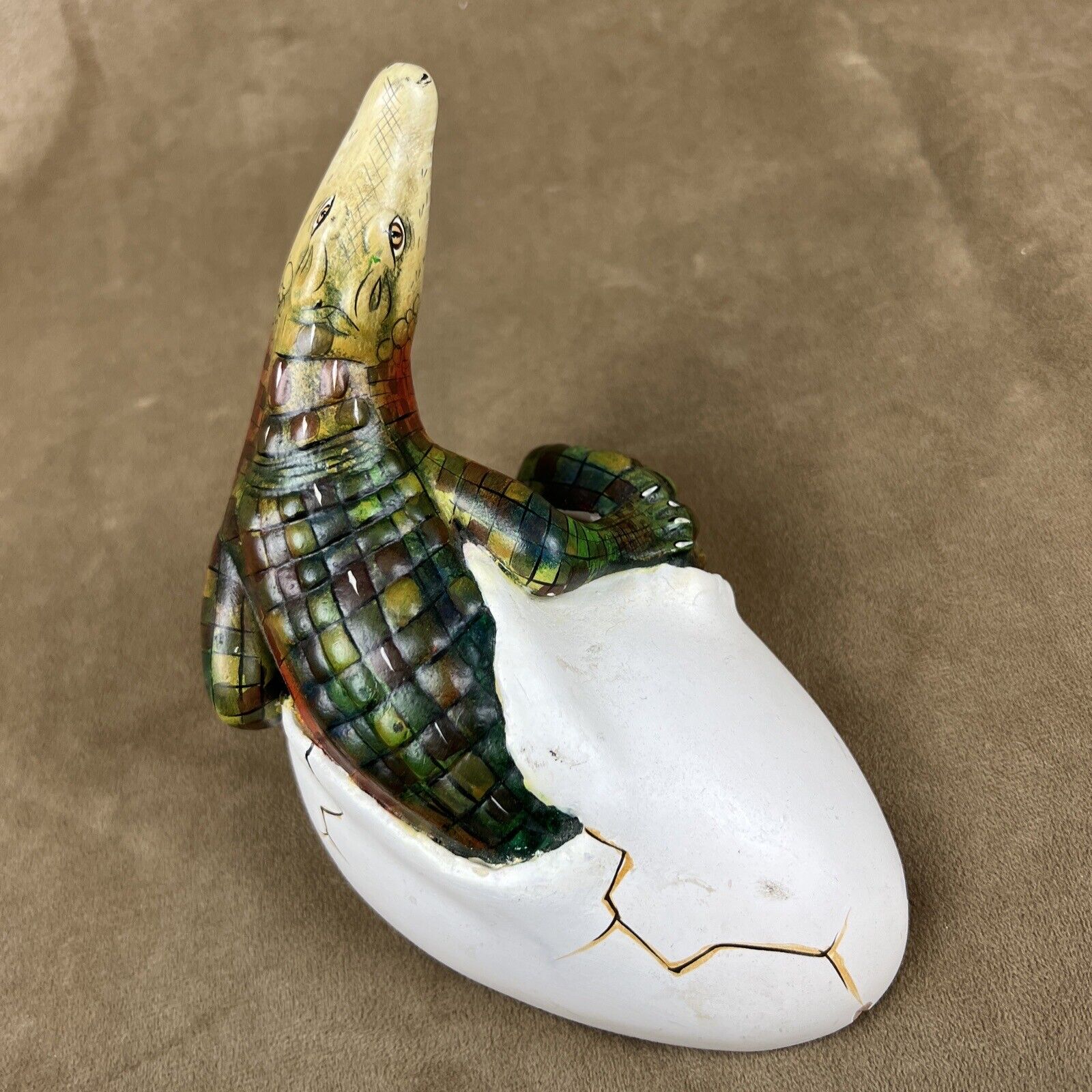 Mexican Folk Art Alligator Gator Hatching Egg Hand Painted Ceramic Lizard *CHIPS