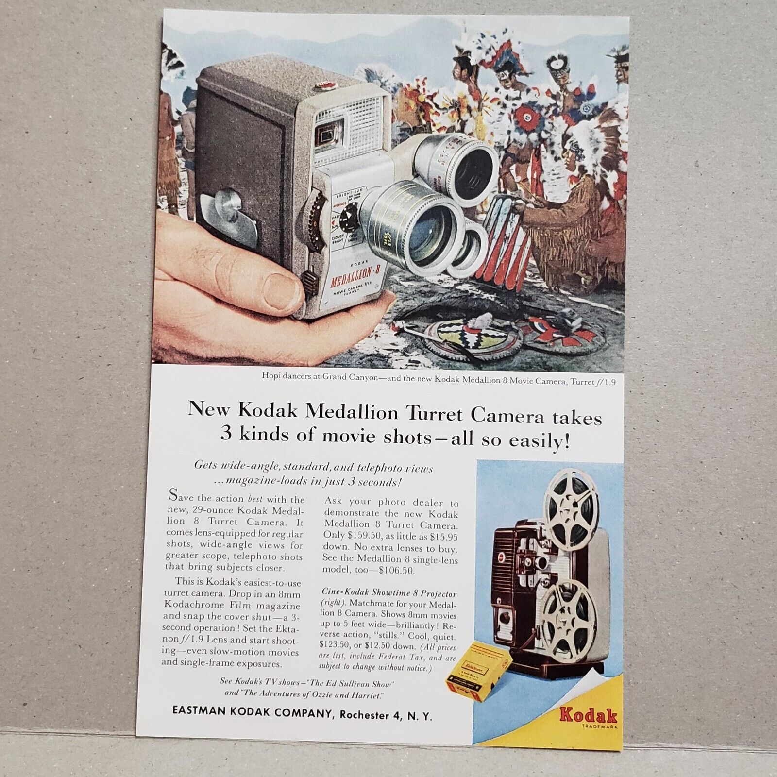 1958 Kodak Medallion Turret Camera Print Ad Vintage Camera Takes 3 Movie Shots