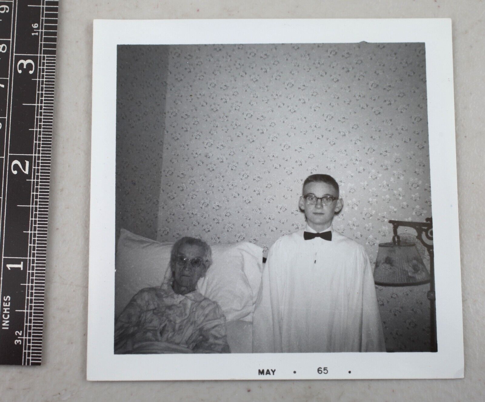 Vintage Photo Square 1965 First Communion Boy and Bedridden Grandma Pose