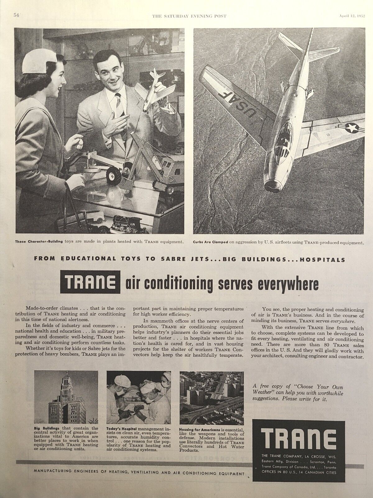 Trane Air Conditioning Commerical Defense La Crosse WI Vintage Print Ad 1952