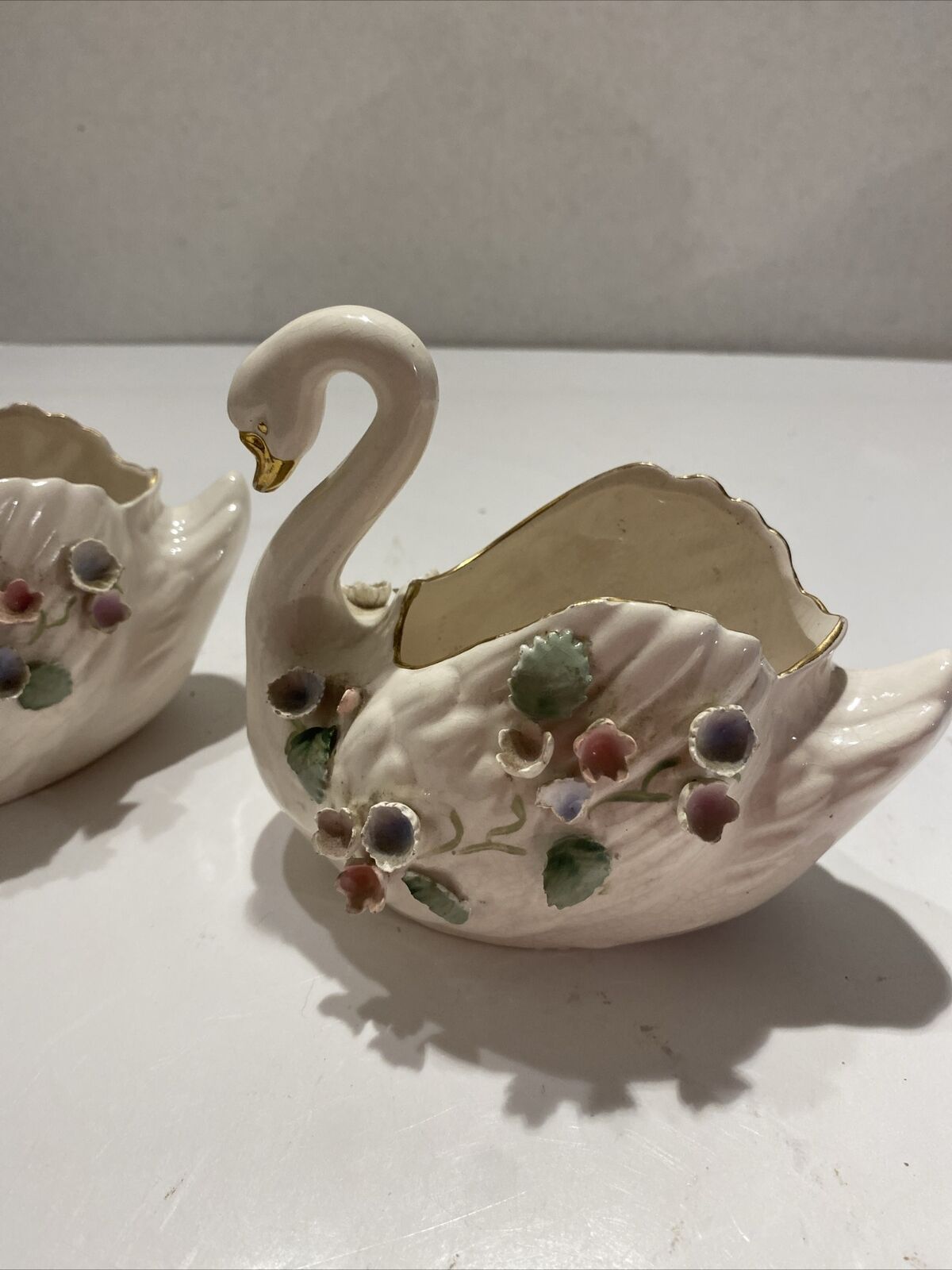 Vintage 2 Lefton Porcelain Pink & Blue Flower Swan Trinket Dish - Marked 2770 IL