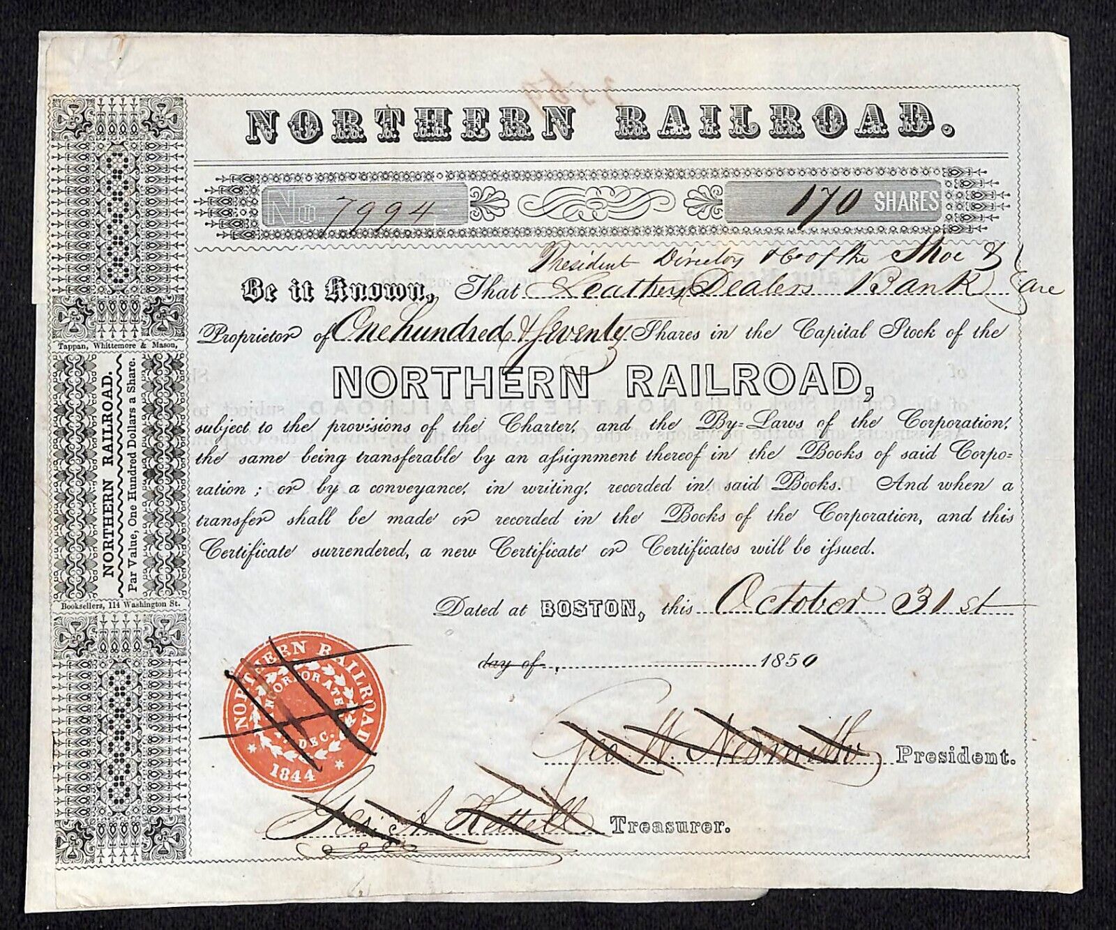 1850 Northern Railroad Stock Certificate & Affixed 1850 Power of Attorney Letter