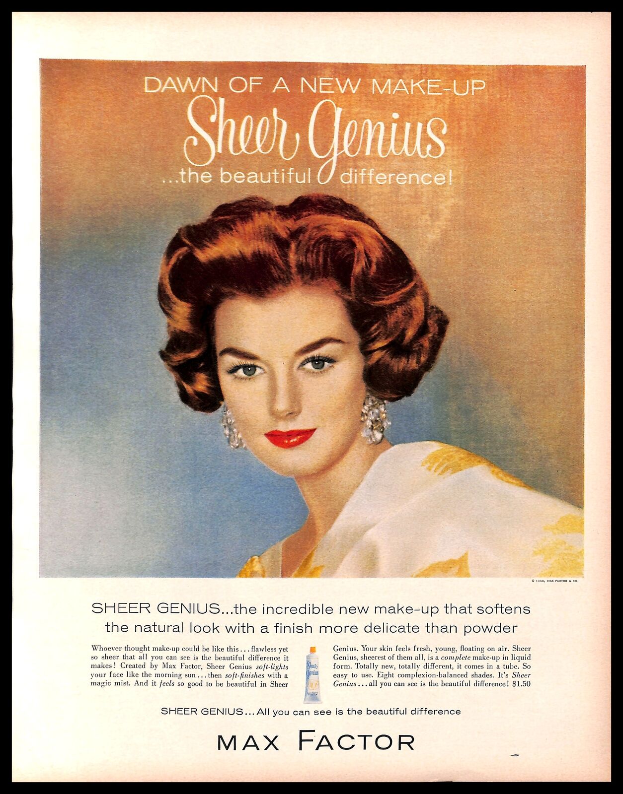 1960 Max factor Sheer Genius Makeup Vintage PRINT AD Red Lips Diamonds Lady 