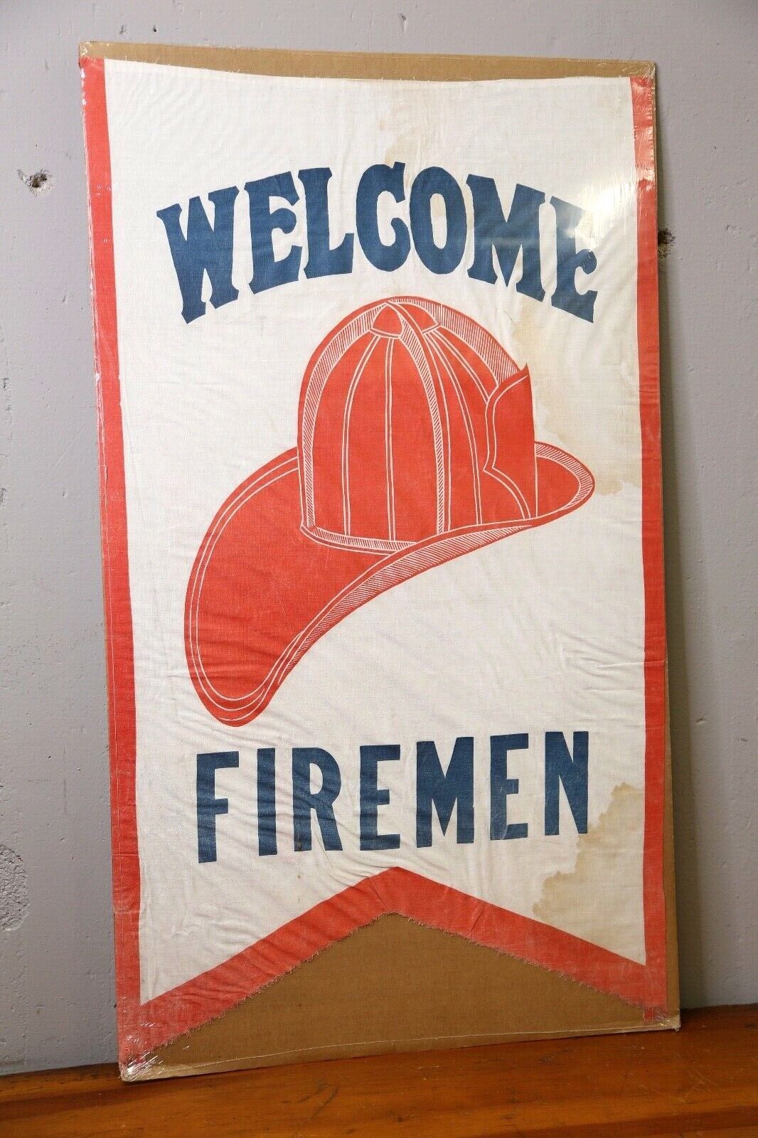 Vintage fireman helmet Welcome Sign cloth banner 1940s fire station flag antique
