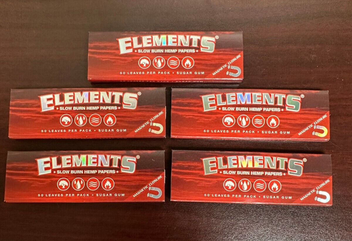 Elements RED 1 1/4 (1.25 Cigarette Rolling Papers 5 PACKS Magnetic Closure -NEW