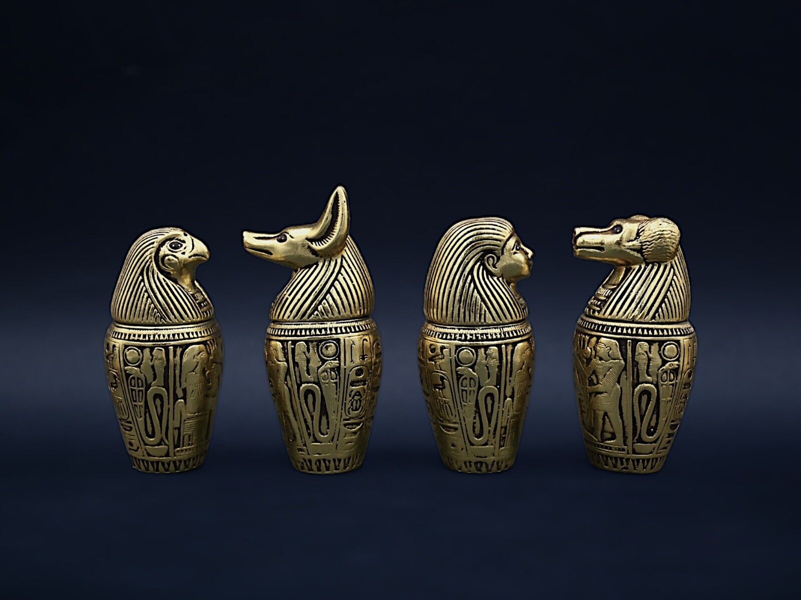 Set of four canopic jars organs Sculpture ancient Egyptian art heavy stone