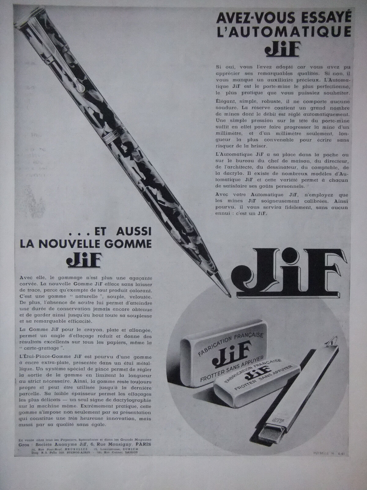 ADS PRESS 1933 JIF PORTE-MINE ET GOMME - PUBLICITÉ DE PRESSE FRENCH