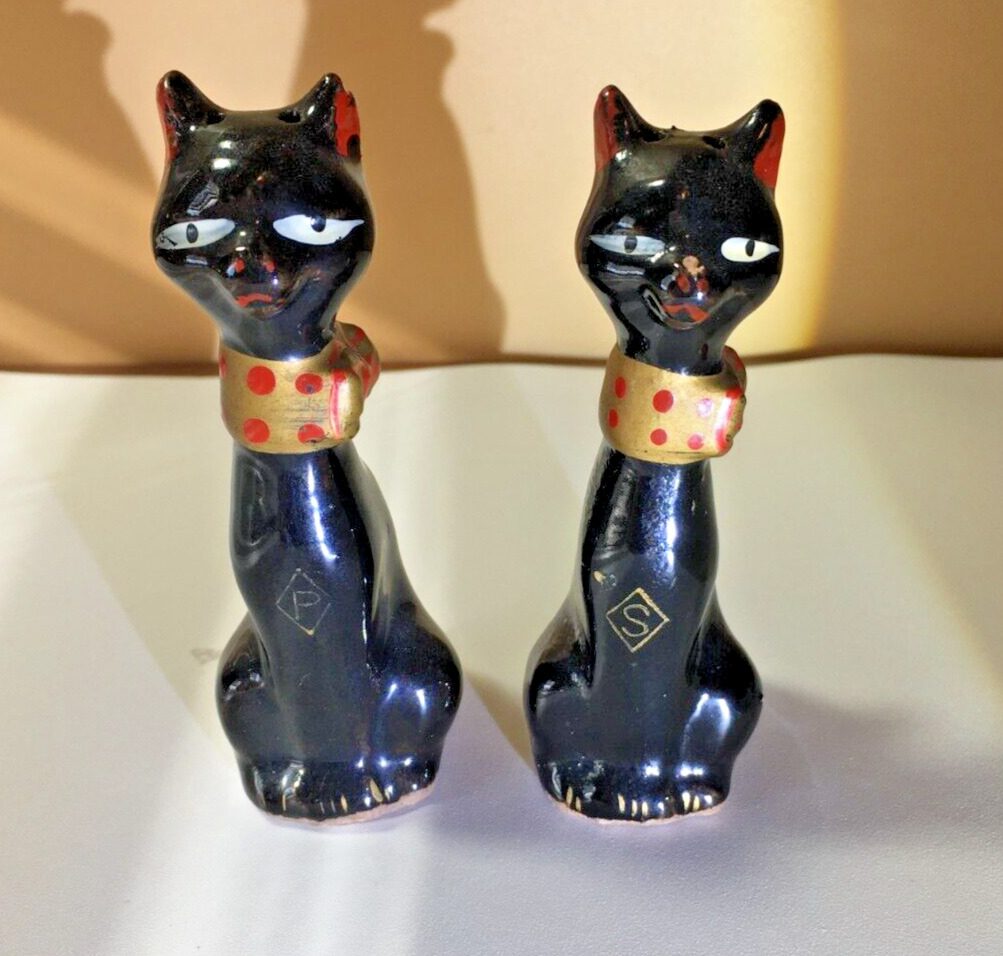 Black Siamese Cat Salt Pepper Shakers Gold Collar Cork Original Redware Pottery