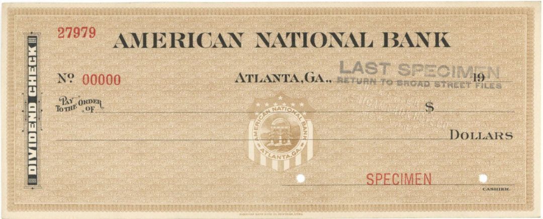 American National Bank - American Bank Note Company Specimen Checks - American B