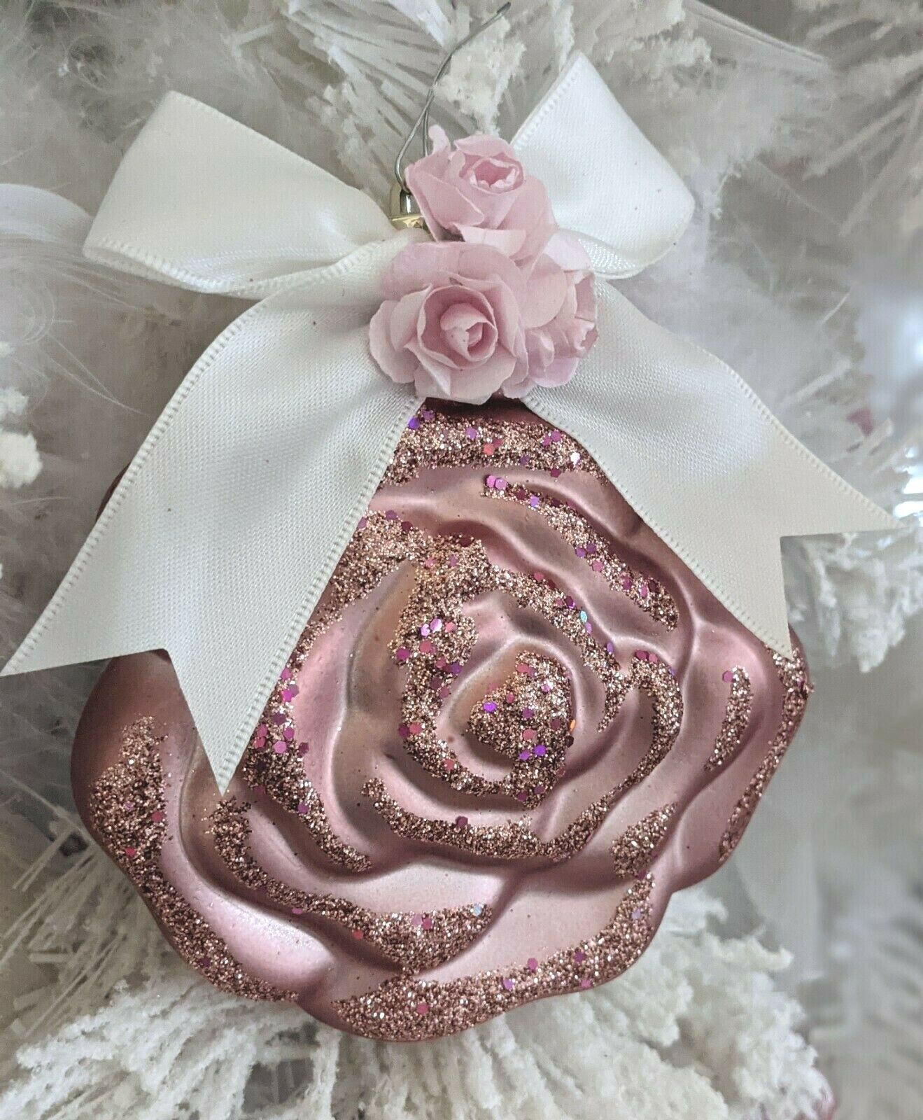 Shabby Cottage Chic Victorian Pink Glitter Bow Rose Christmas Tree Ornament