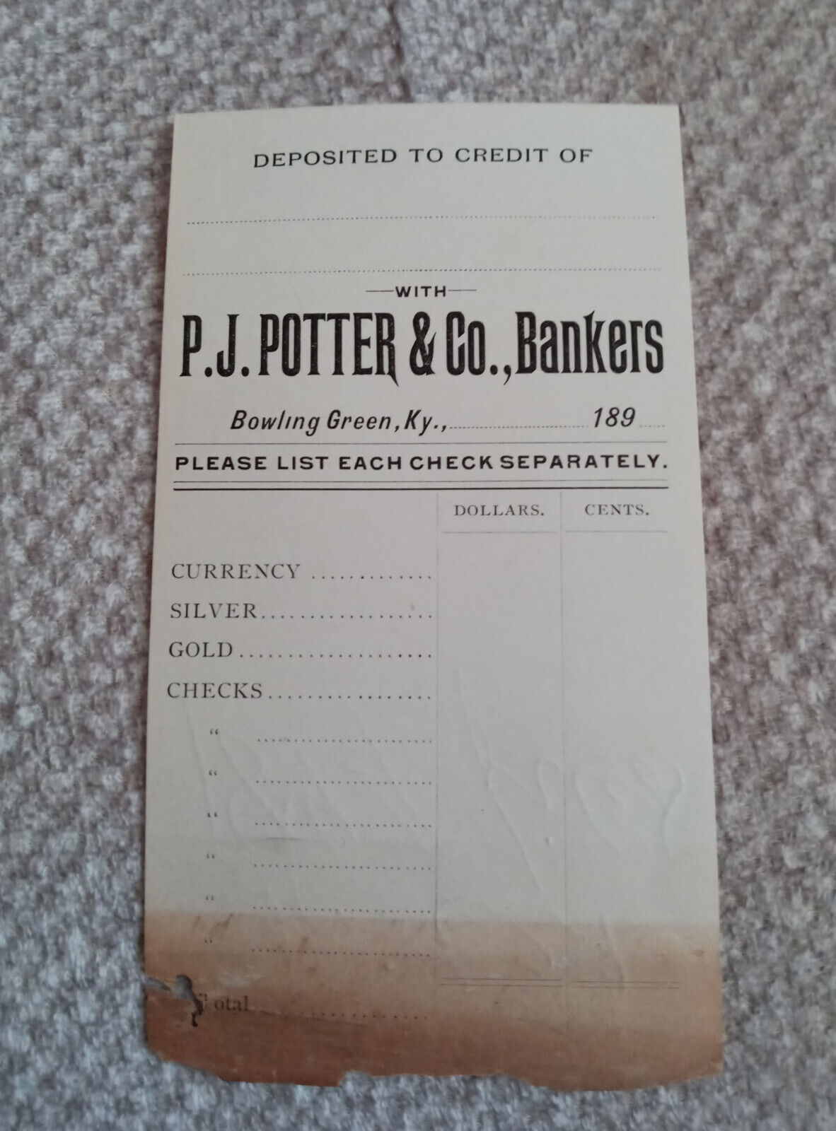 1894 P. J. Potter & Co., Bankers Deposit Slip. Bowling Green, Kentucky