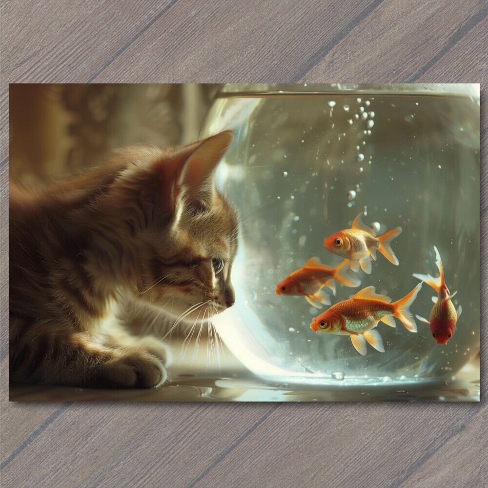 Postcard Cat With Goldfish Eat Fish Funny Bad Kitty Unusual Strange Weird Fun