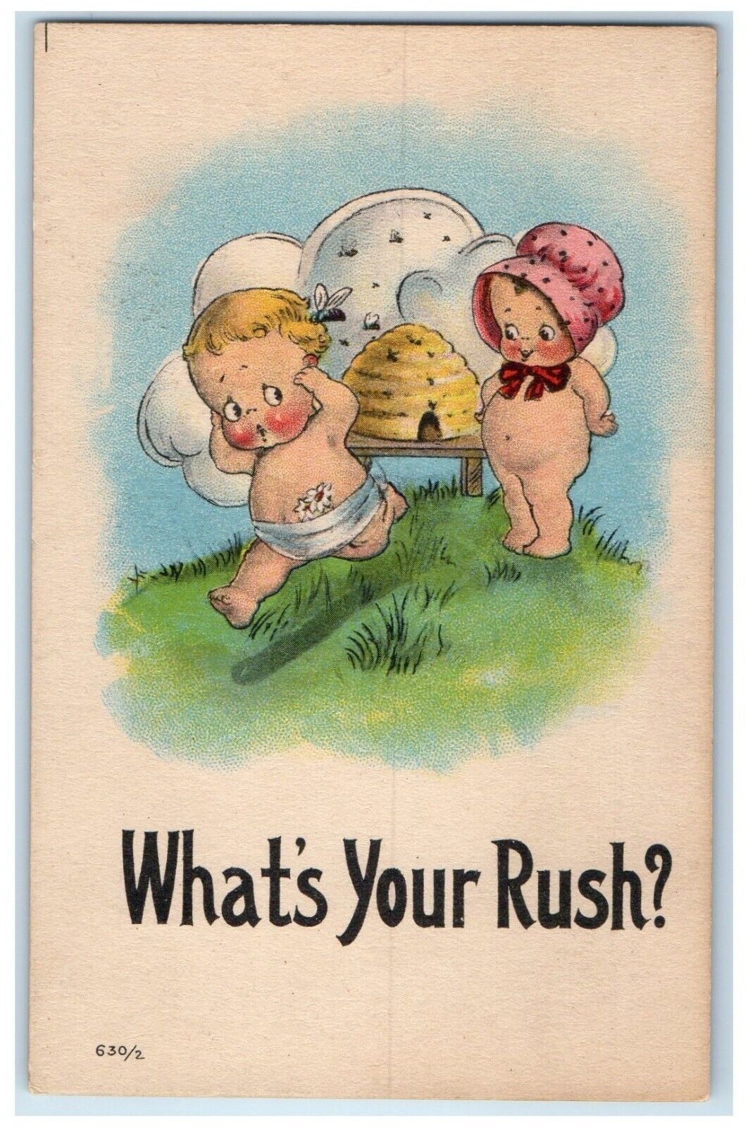 1919 Cute Little Children Chasing Bees Insect What's Your Rush Antique Postcard