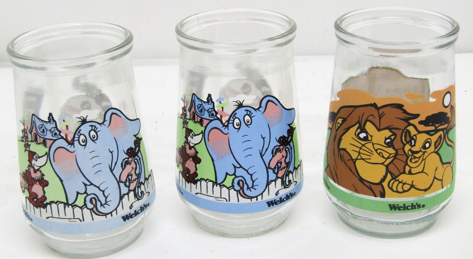 Vintage Dr. Seuss/Lion King Welch\'s Jelly Jar Glasses. Set of 3.