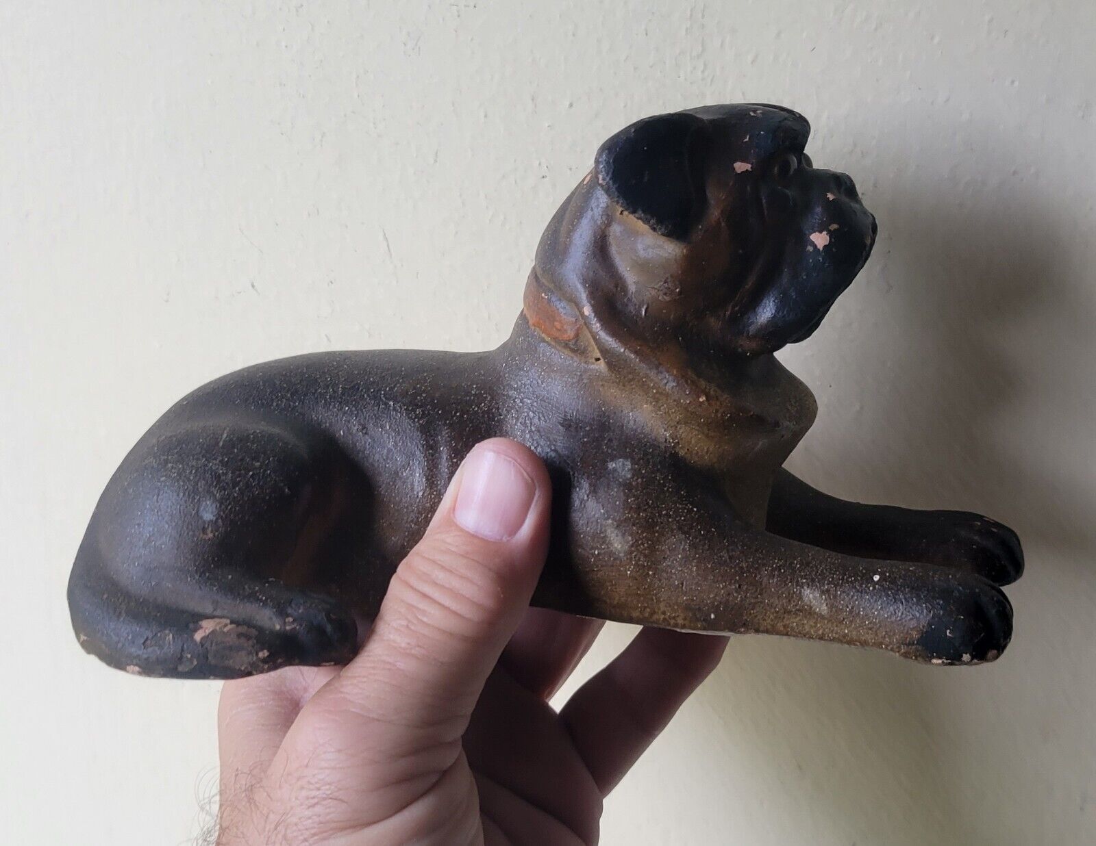 Antique Victorian Painted Terracotta Dog Sculpture Statue Figure With Glass Eyes