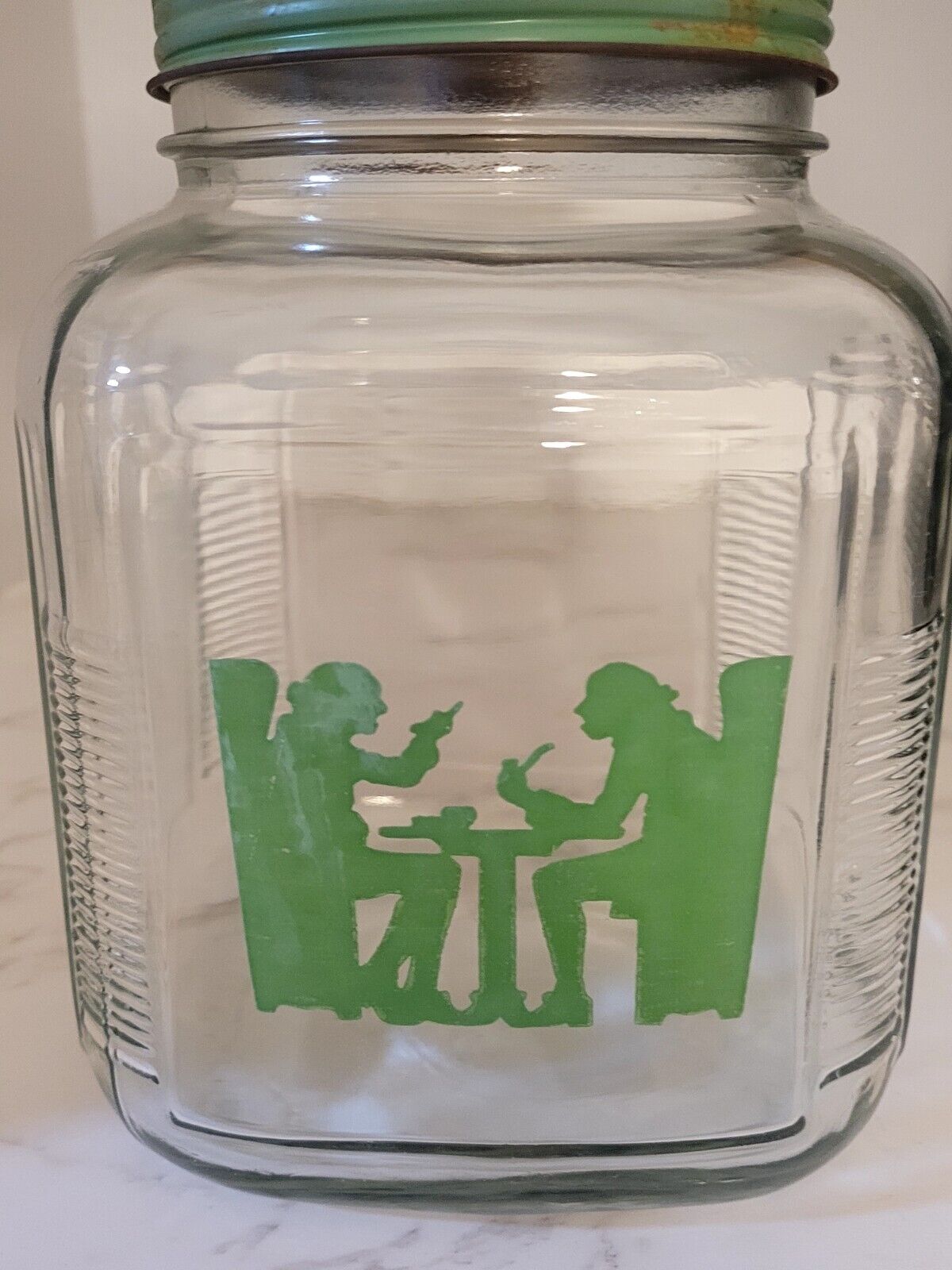 Anchor Hocking Green Tavern Silhouette Colonial Dressed Tavern Glass Jar Read