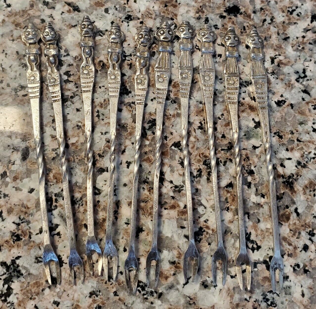 Vintage Silver Handmade Stamped Fertility God/Goddess Figural Pickel 10 Fork Set
