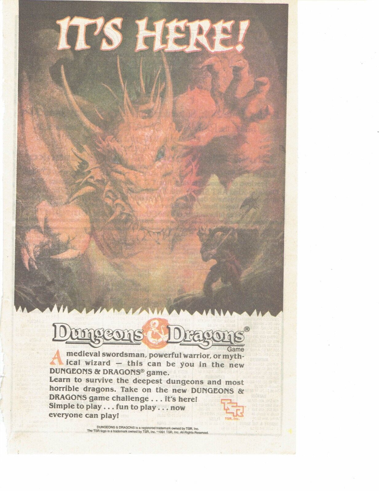 1991 Dungeons and Dragons Print Ad TSR Role playing game 6.5\