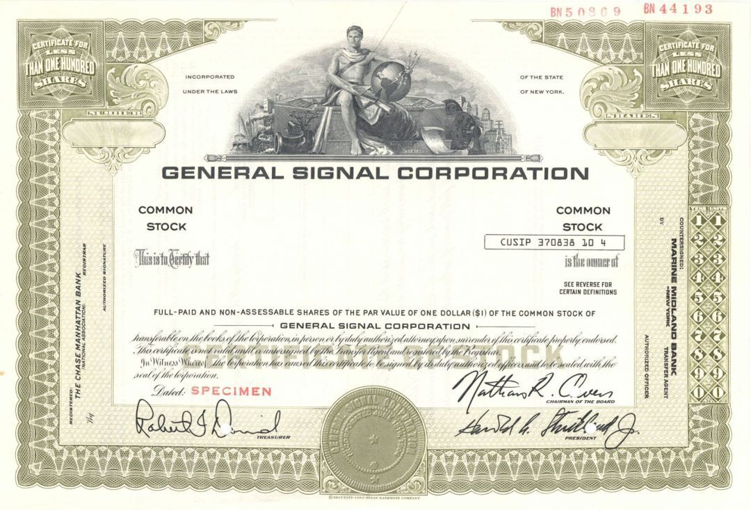 General Signal Corp. - 1904 dated Specimen Stock Certificate - Specimen Stocks &