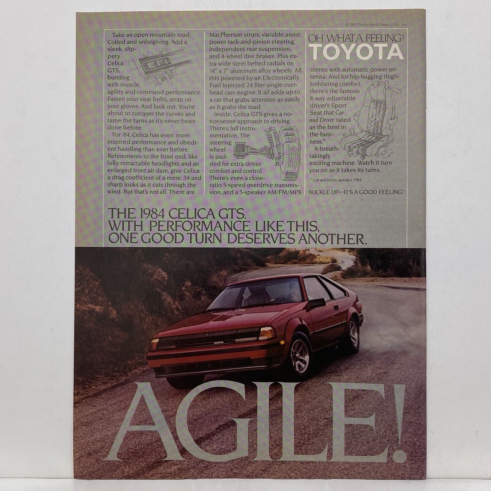 1984 Toyota Celica GTS Print Ad Agile Advertisement Car Art Vintage 80s