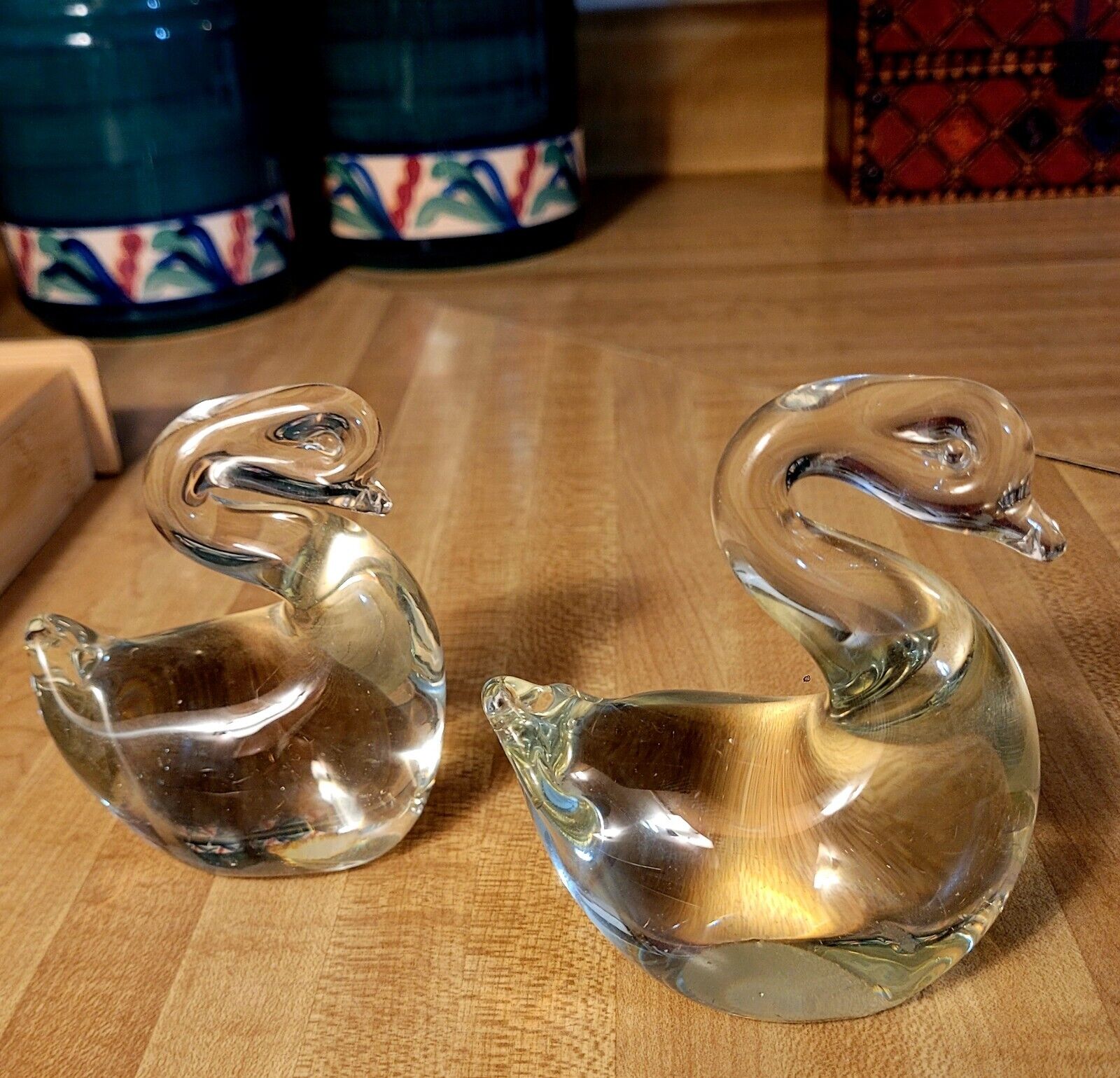 2 Vintage Glass Paperweights - Swans (Action International)