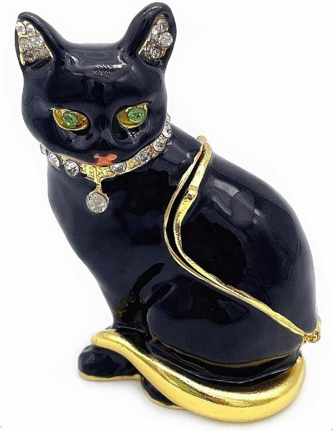 Bejeweled Enameled Animal Trinket Box/Figurine With Rhinestones-Black Cat