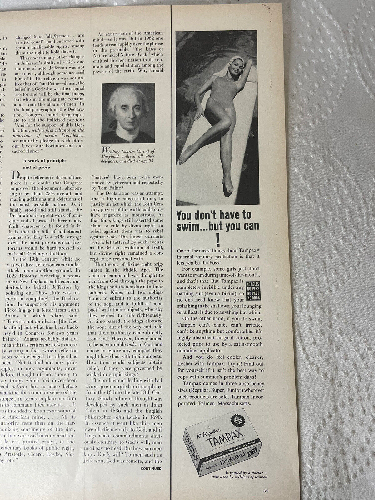 Vintage TAMPAX & ABSORBINE JR. ATHLETE\'S FOOT CURE Ad- LIFE MAGAZINE 7/6/1962