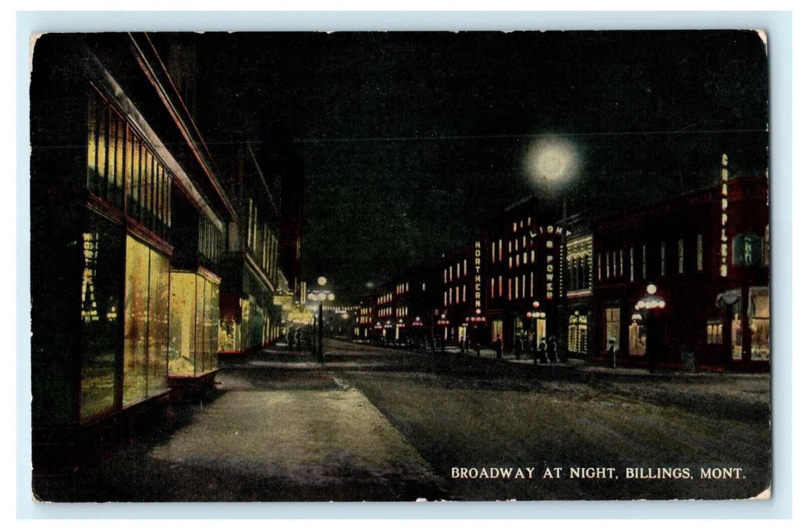 1914 Broadway Night Billings Montana MT R.P.O. Miles City & Spokane WA Postcard