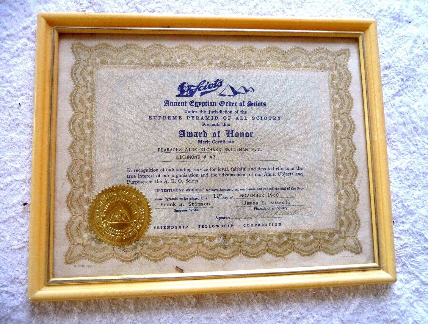 VINTAGE FRAMED CERTIFICATE ANCIENT EGYPTIAN ORDER OF SCIOTS RICHMOND CA SEA L 80
