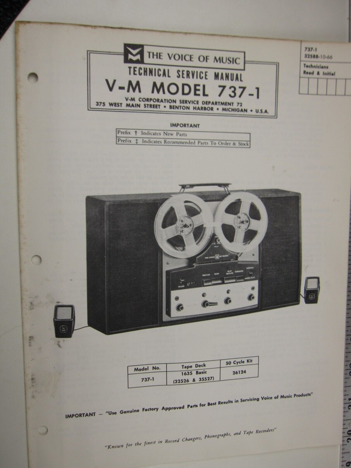 SF  60's V-M Voice of Music Technical Service Manual MODEL 737-1 BIS