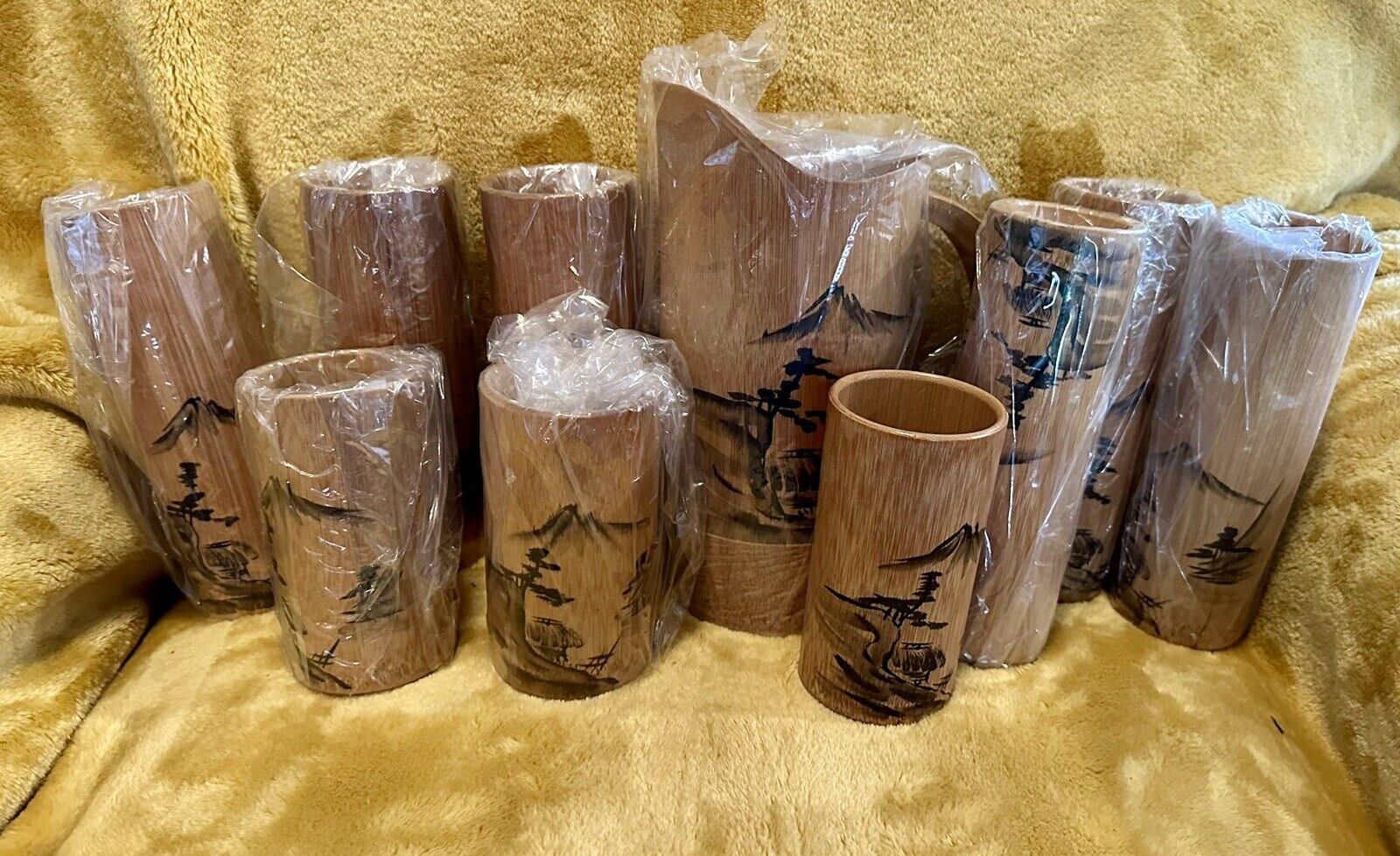 Handmade Bamboo Wood Asian Tiki  Bar Ware Set Of 10 Pieces. Vintage Japan  1950s