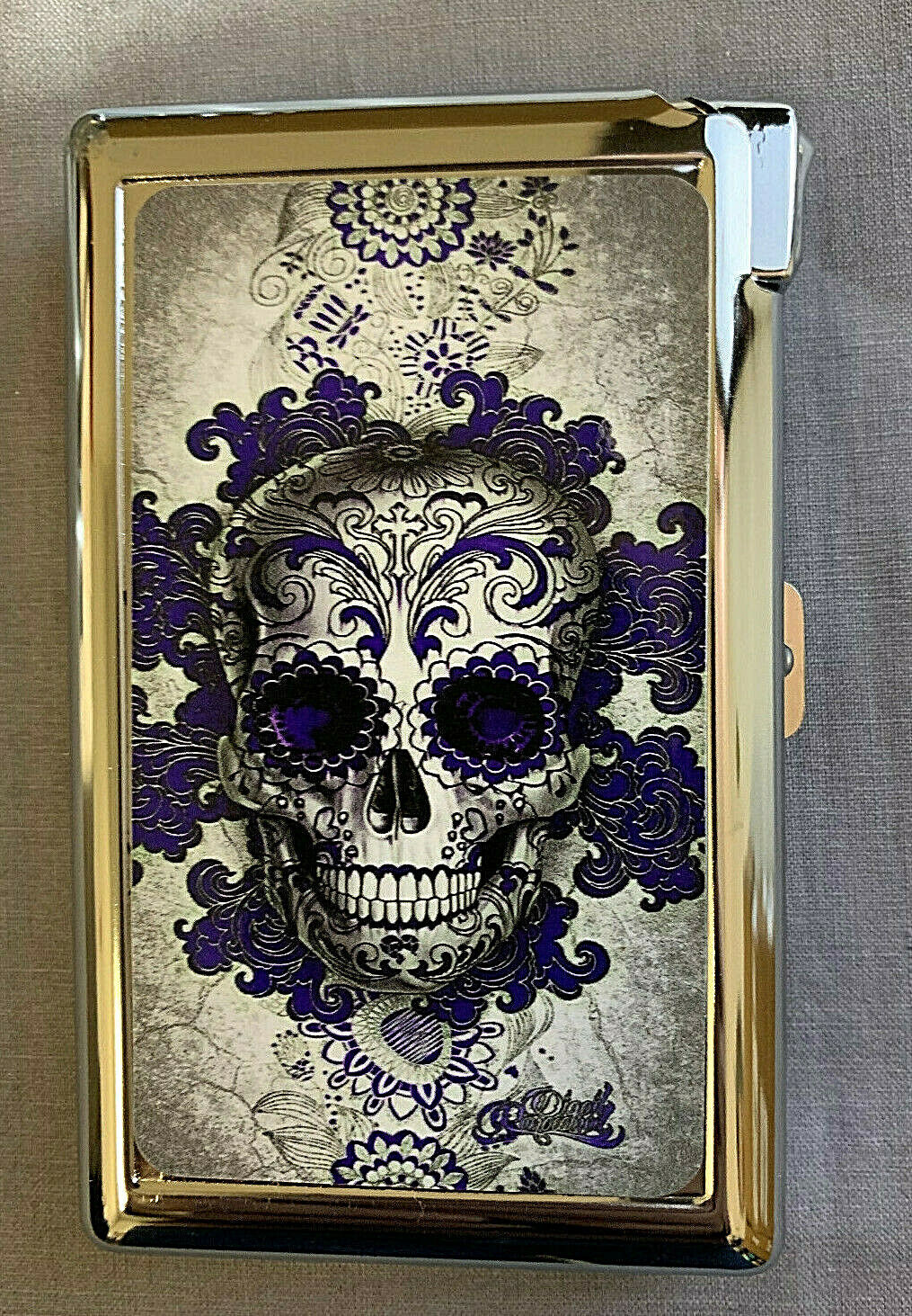 Purple and Gray Sugar Skull Cigarette Case with lighter ID Holder Wallet 