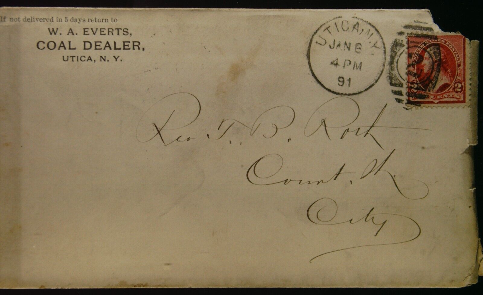 Vintage W.A. Everts Coal Dealer Utica NY 1891 Envelope 2 Cent Washington
