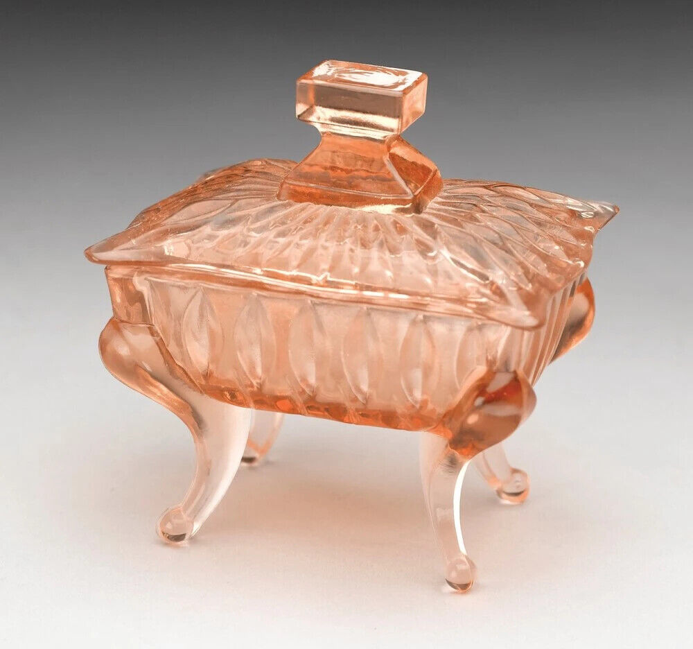 New Depression Style Pink Glass Piano Candy Dish Jewelry Trinket Box