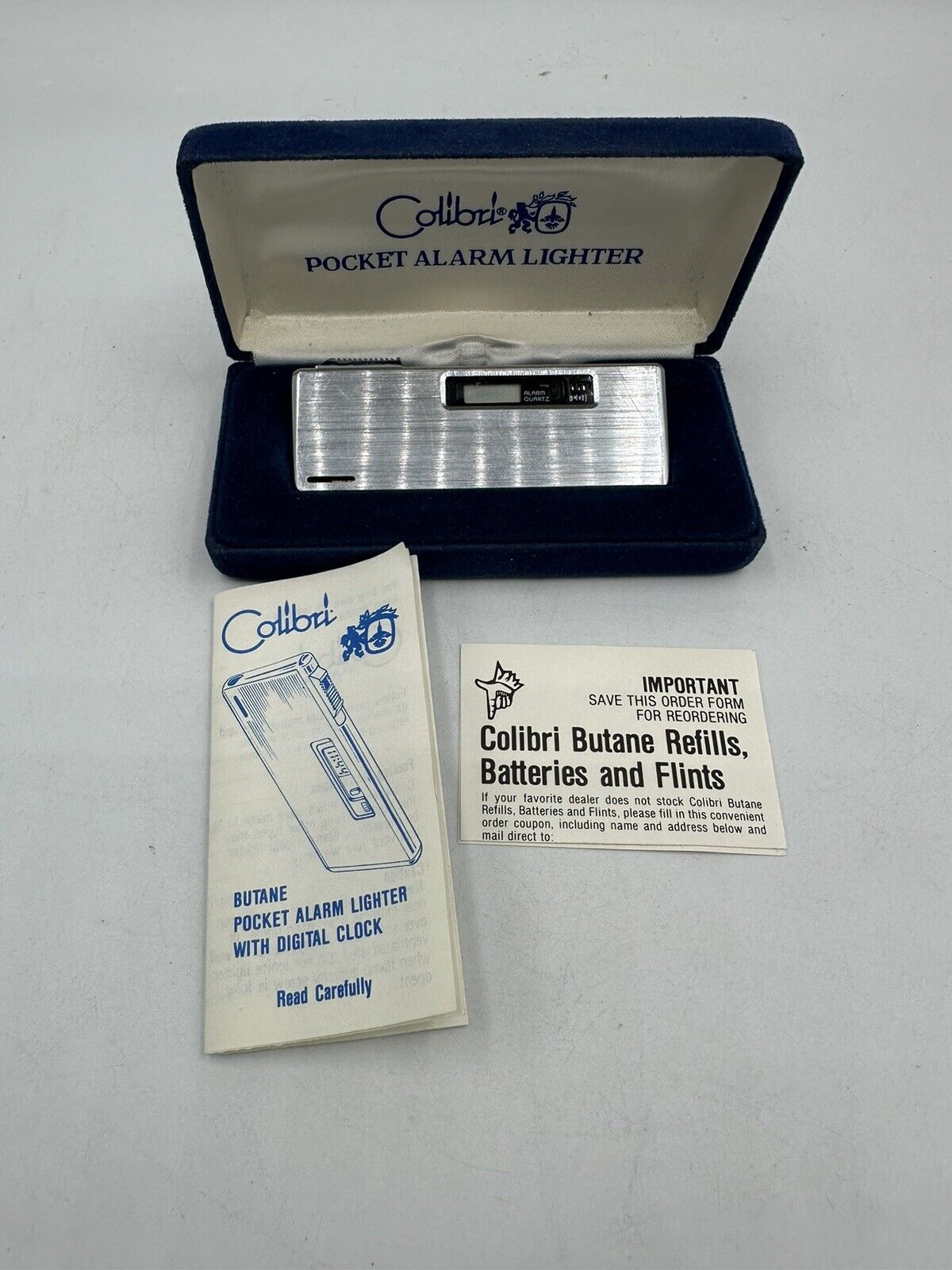 Vintage Colibri Pocket Alarm Lighter Made In Japan With Box Papers NEEDS BATTERY