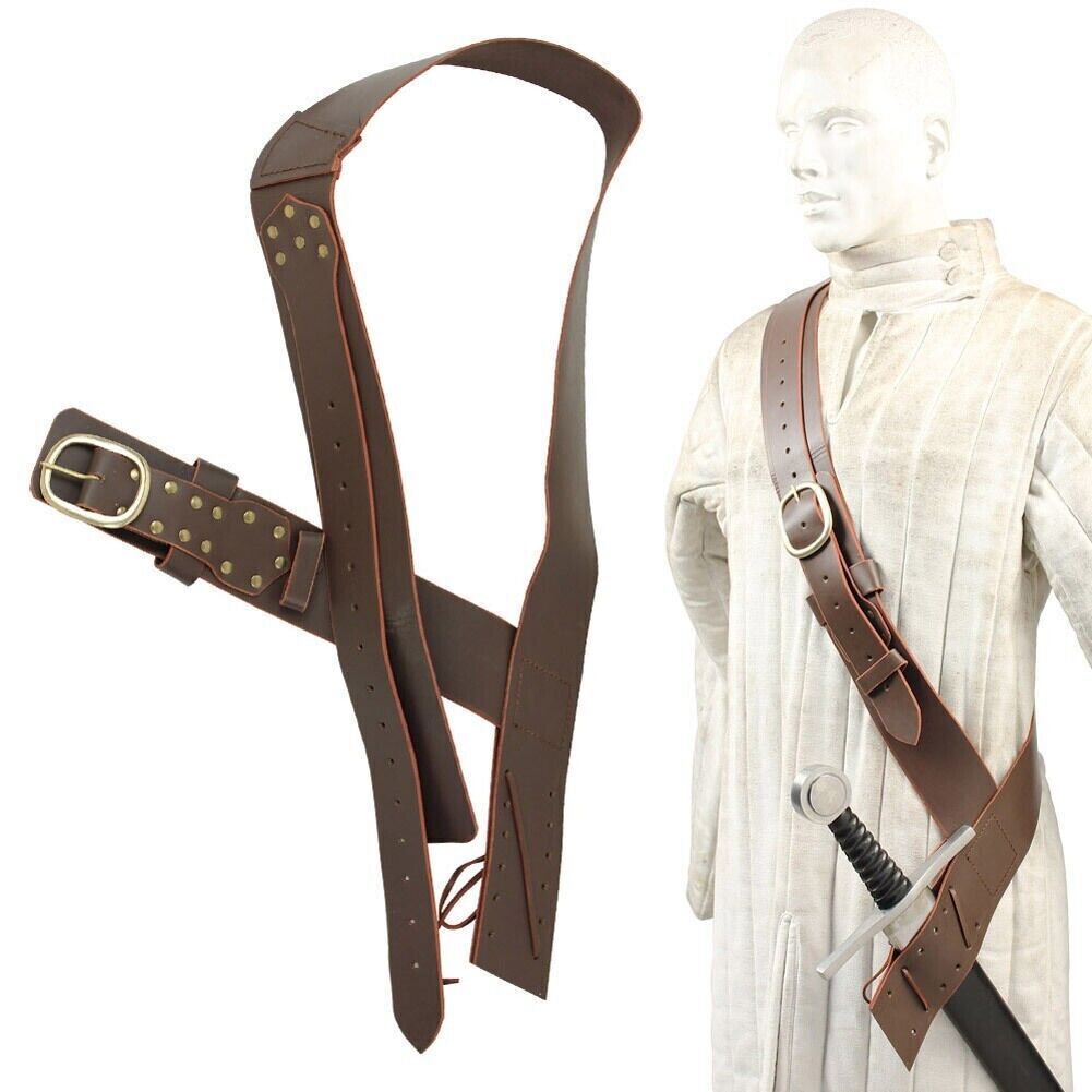 Brown Medieval Queens Guard Sword Baldric Belt - Genuine Leather - Brass Buckle
