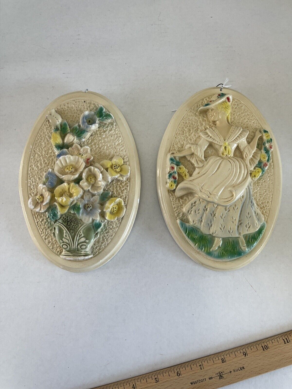 Pair of 1940s Chalkware Oval Wall Plaques - Swiss Woman And Floral Flowers Lady