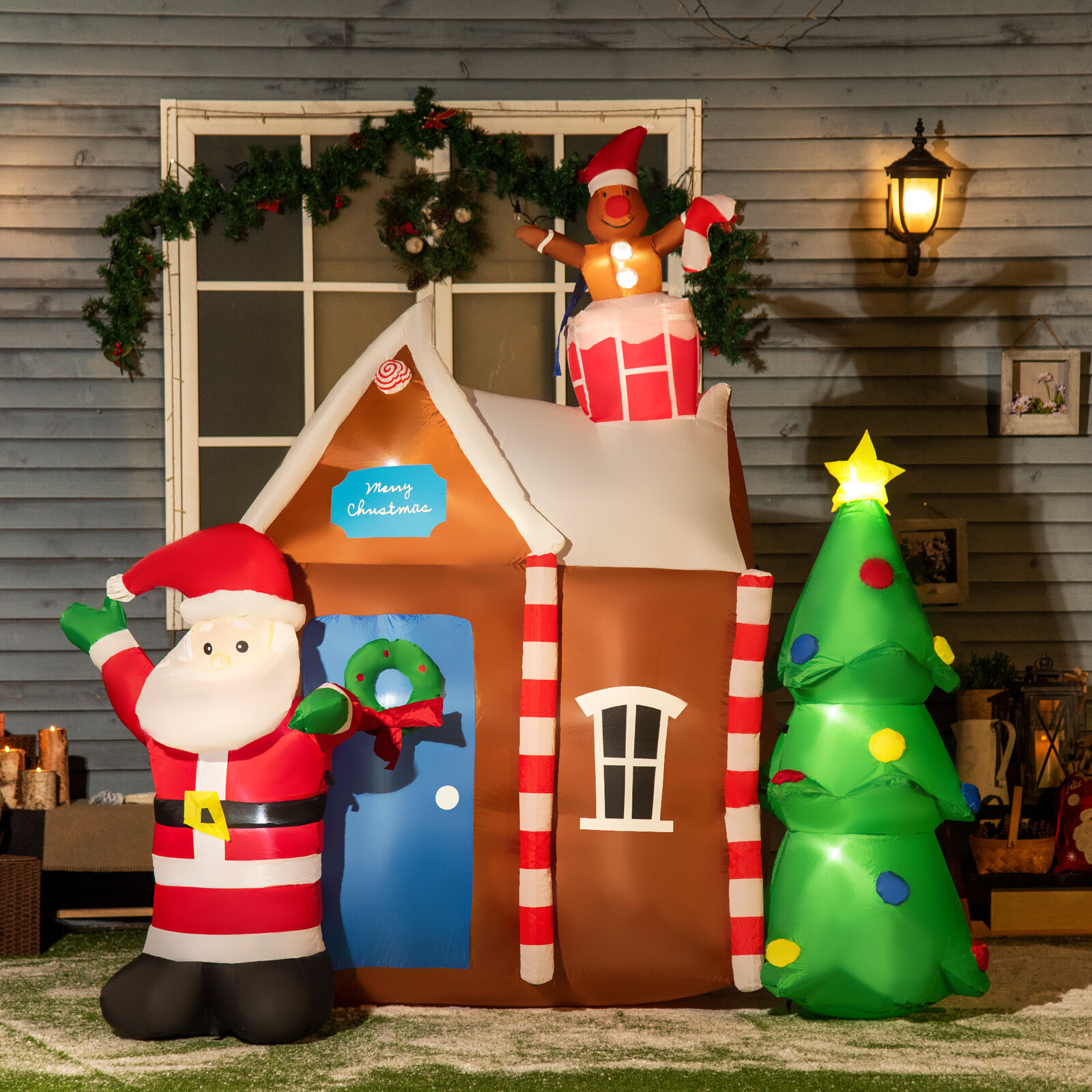 7.5' Inflatable Christmas Gingerbread House w/ Santa and Christmas Tree LED
