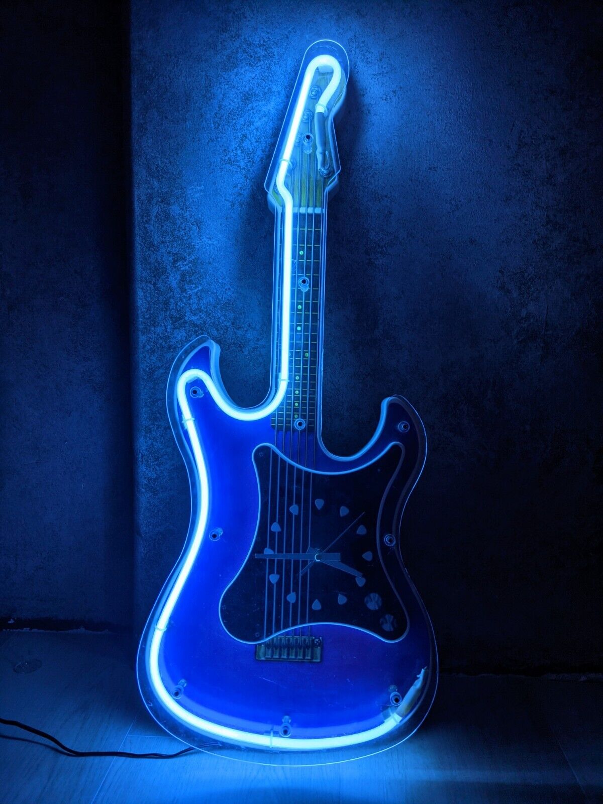 Retro Blue Neon Guitar Wall Clock Mancave Garage Light Lamp - Fully Working