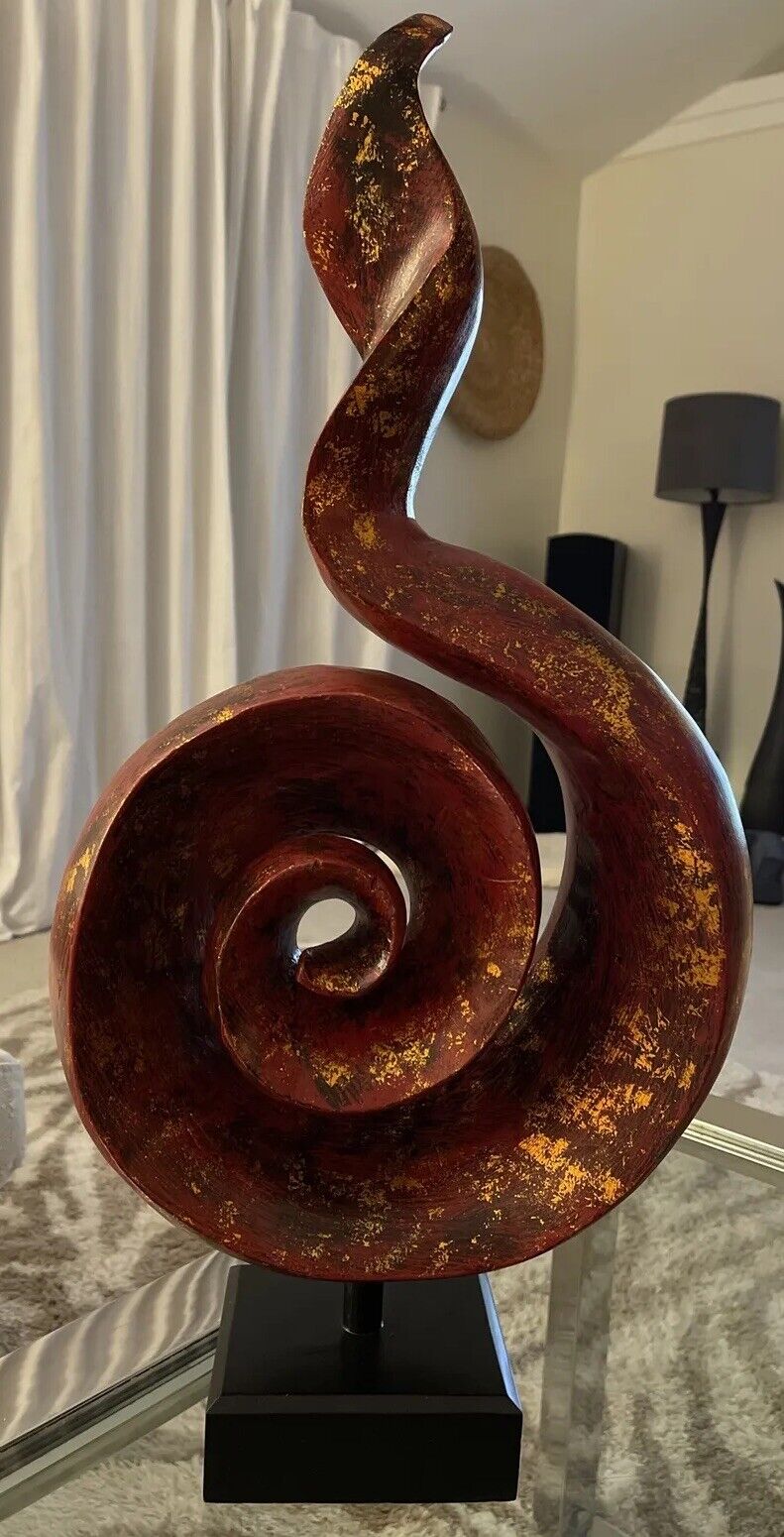 VTG PIER 1 Large Modern Swirl Wooden Red Gold Abstract Sculpture Statue AMAZING