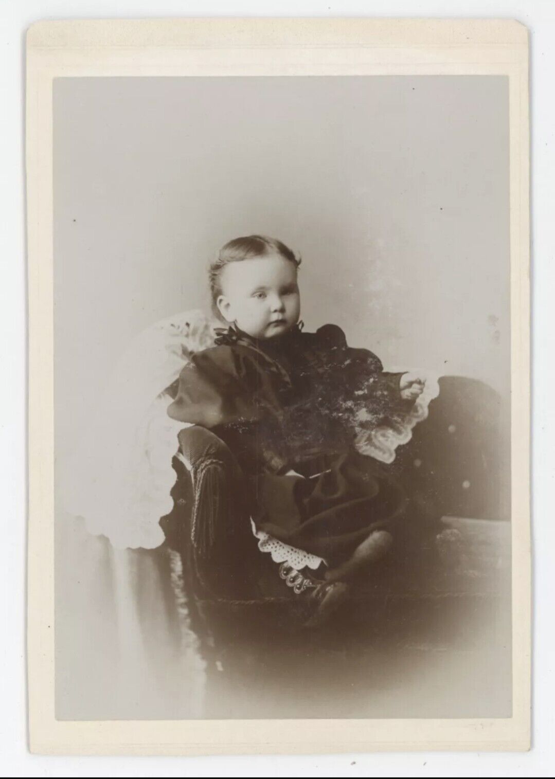 Antique Circa 1880s Cabinet Card Adorable Baby in Black Dress