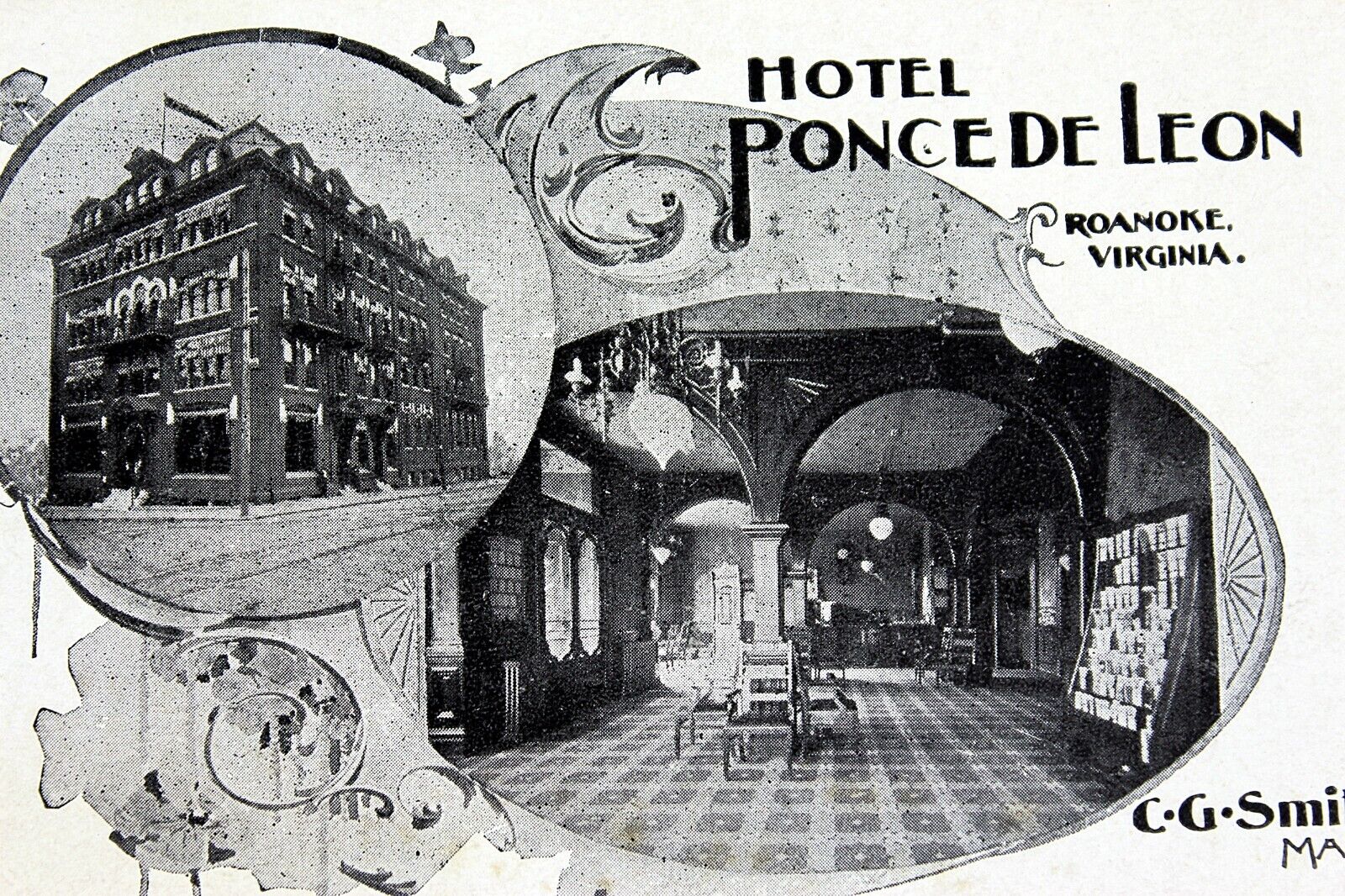 HOTEL PONCE DE LEON circa 1895 Roanoke Virginia Victorian Business Card CG Smith