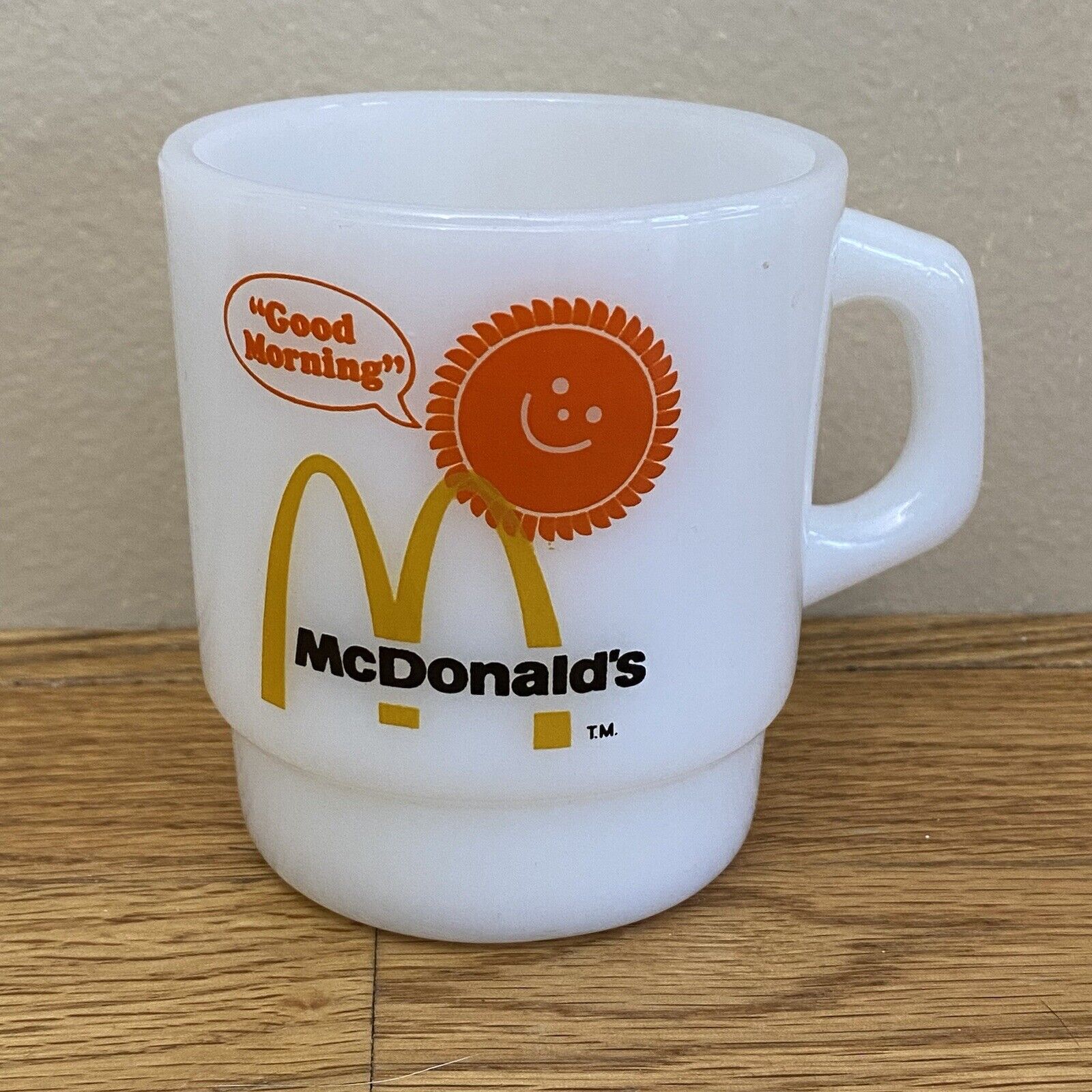 Vintage McDONALD\'S Good Morning Coffee Cup Mug Sun 70s Fire King Oven Proof 8oz