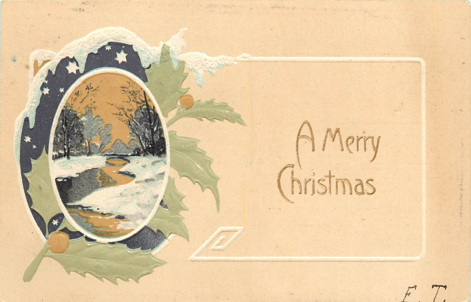 PFB Postcard 6301 Merry Christmas Winter Scene Vignette Embossed