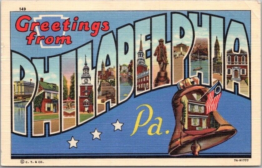 PHILADELPHIA PA Large Letter Postcard Liberty Bell Curteich Linen / 1952 Cancel