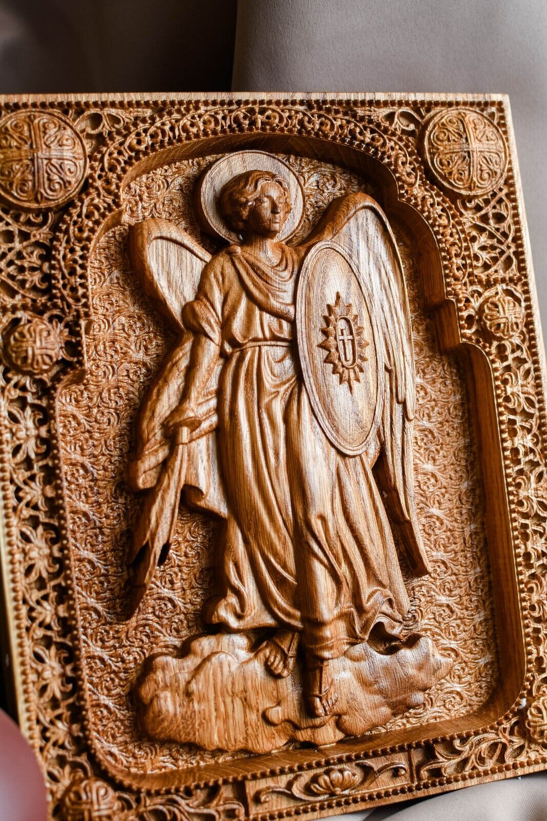 ARCHANGEL MICHAEL WOOD CARVED CHRISTIAN ICON RELIGIOUS WALL HANGING ART WORK