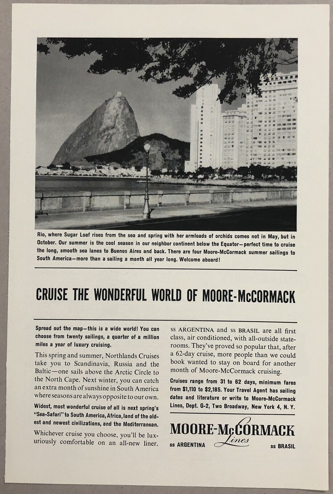Vintage 1961 Original Print Ad Full Page - Moore-McCormick Lines Cruise