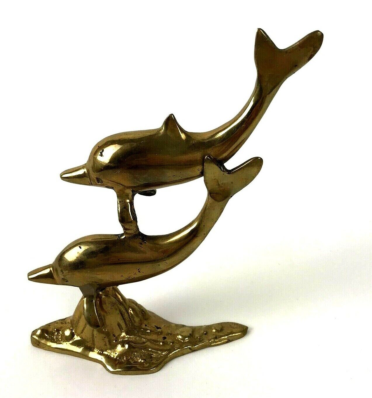 Vintage Brass Dolphins figurine MCM Mod Pair Metal Totem Nautical Beach decor 
