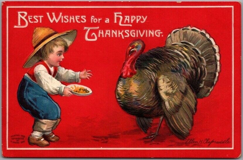 Vintage 1910s THANKSGIVING Artist-Signed CLAPSADDLE Postcard /Boy Feeding Turkey