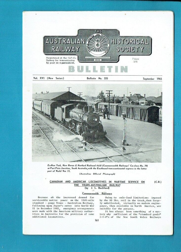 #T52.  THE AUSTRALIAN RAILWAY HISTORICAL BULLETIN #335  September  1965